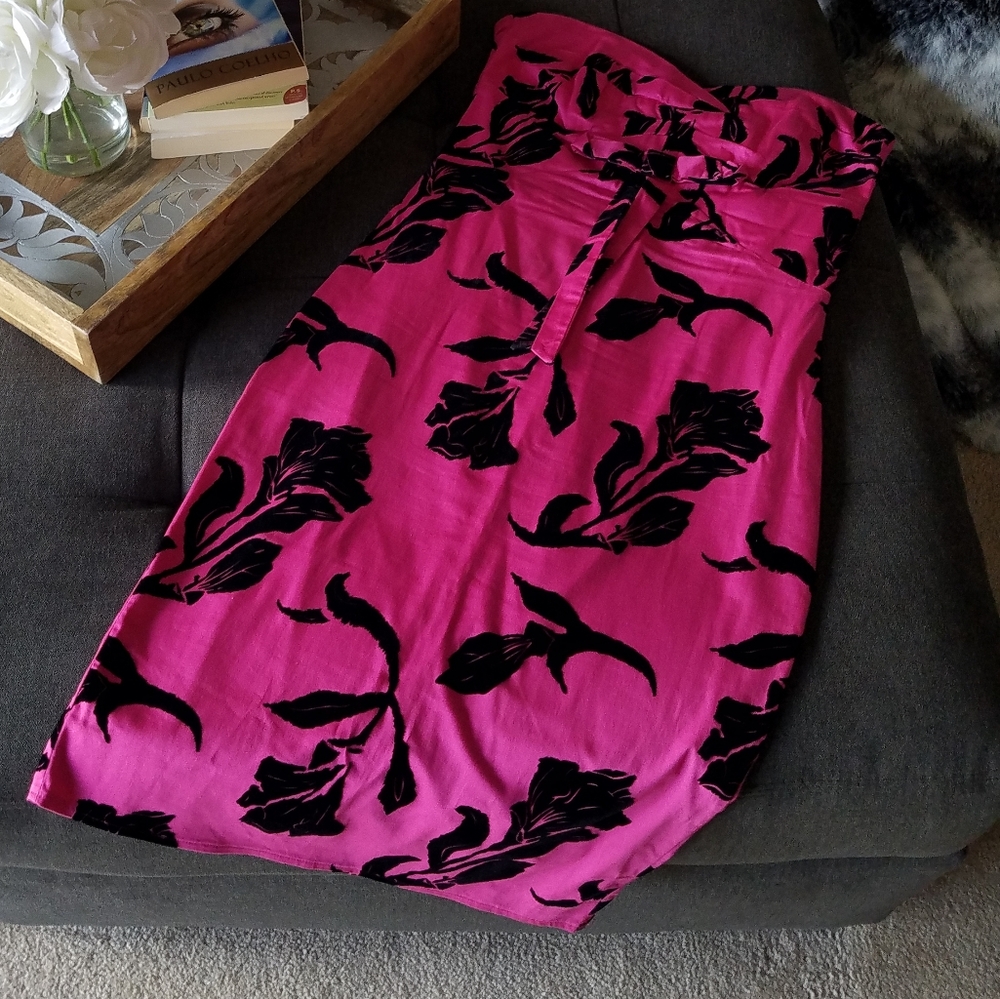 Strapless Fuchsia Pink Dress with Black Velvet Detail from Italy